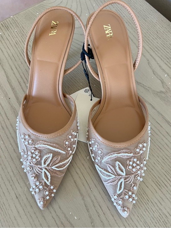 Zara Shoes - ZARA Beige Embroidered Pointed-Toe Slingback Heels